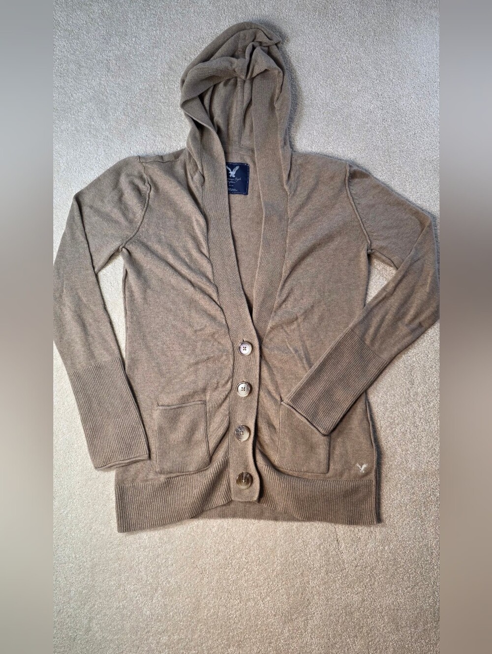 American Eagle Brown Hooded Cardigan Longline Button Front Angora Blend Y2K M